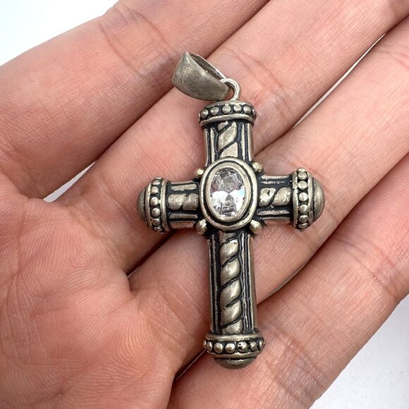 VTG Sterling Silver 925 Oval Cubic Zirconia Cross Pendant Size 1.75" Length - Picture 6 of 9